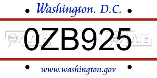 0ZB925 District Of Columbia License Plate