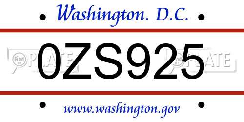 0ZS925 District Of Columbia License Plate