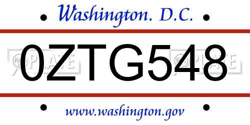 0ZTG548 District Of Columbia License Plate