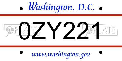 0ZY221 District Of Columbia License Plate