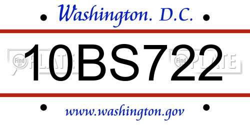 10BS722 District Of Columbia License Plate
