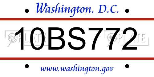 10BS772 District Of Columbia License Plate