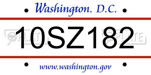 10SZ182 District Of Columbia License Plate