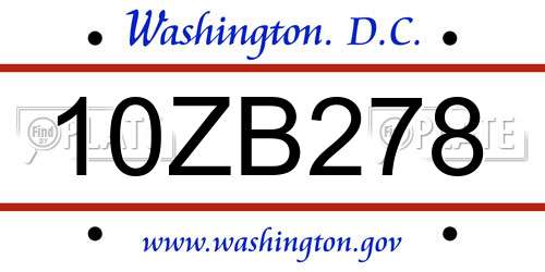 10ZB278 District Of Columbia License Plate