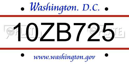 10ZB725 District Of Columbia License Plate
