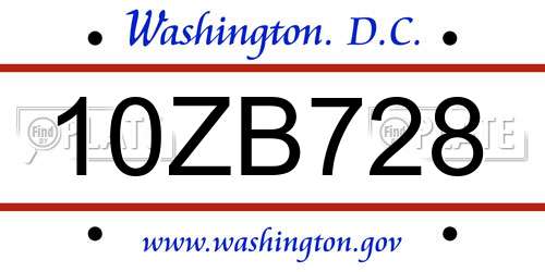 10ZB728 District Of Columbia License Plate