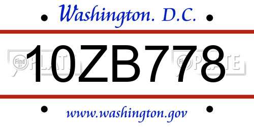 10ZB778 District Of Columbia License Plate