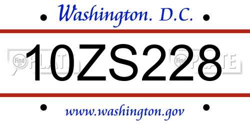 10ZS228 District Of Columbia License Plate