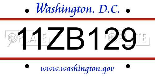 11ZB129 District Of Columbia License Plate