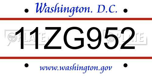 11ZG952 District Of Columbia License Plate