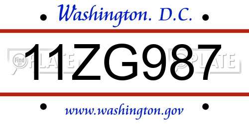 11ZG987 District Of Columbia License Plate