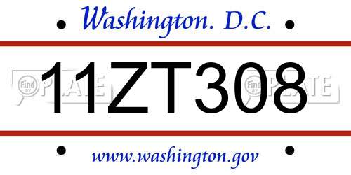 11ZT308 District Of Columbia License Plate