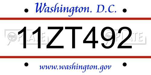 11ZT492 District Of Columbia License Plate