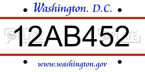 12AB452 District Of Columbia License Plate