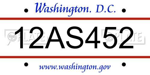 12AS452 District Of Columbia License Plate