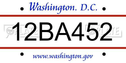 12BA452 District Of Columbia License Plate
