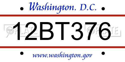 12BT376 District Of Columbia License Plate