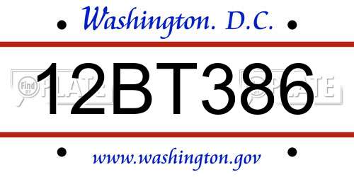 12BT386 District Of Columbia License Plate