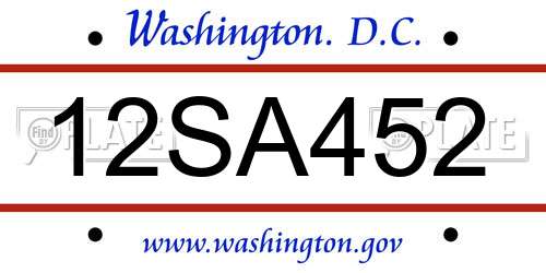 12SA452 District Of Columbia License Plate