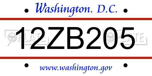12ZB205 District Of Columbia License Plate