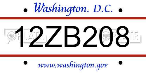 12ZB208 District Of Columbia License Plate