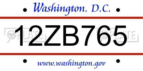 12ZB765 District Of Columbia License Plate