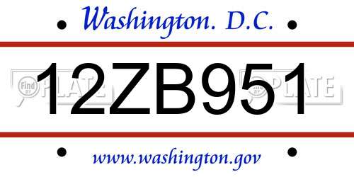 12ZB951 District Of Columbia License Plate