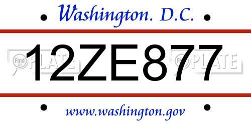 12ZE877 District Of Columbia License Plate
