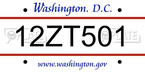 12ZT501 District Of Columbia License Plate