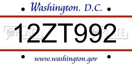 12ZT992 District Of Columbia License Plate