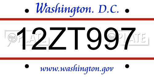 12ZT997 District Of Columbia License Plate