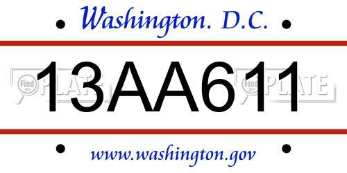 13AA611 District Of Columbia License Plate