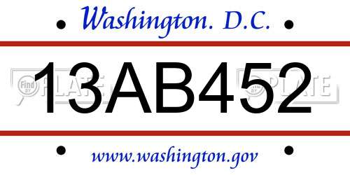 13AB452 District Of Columbia License Plate