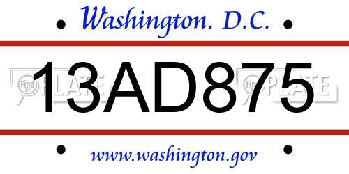 13AD875 District Of Columbia License Plate