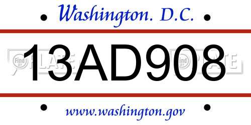 13AD908 District Of Columbia License Plate