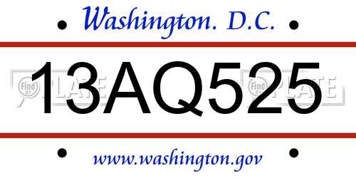 13AQ525 District Of Columbia License Plate