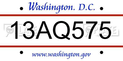 13AQ575 District Of Columbia License Plate