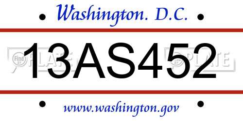 13AS452 District Of Columbia License Plate