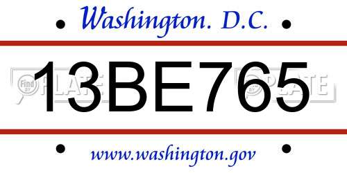 13BE765 District Of Columbia License Plate