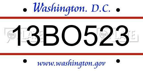 13BO523 District Of Columbia License Plate