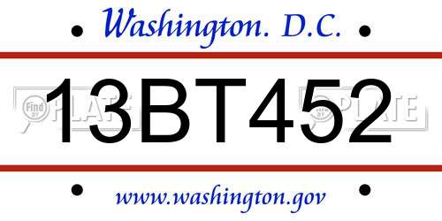 13BT452 District Of Columbia License Plate