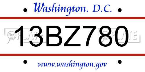 13BZ780 District Of Columbia License Plate
