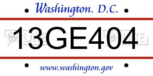 13GE404 District Of Columbia License Plate