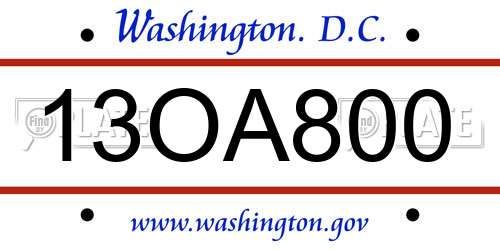 13OA800 District Of Columbia License Plate