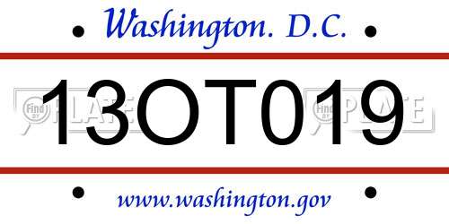 13OT019 District Of Columbia License Plate