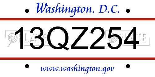 13QZ254 District Of Columbia License Plate