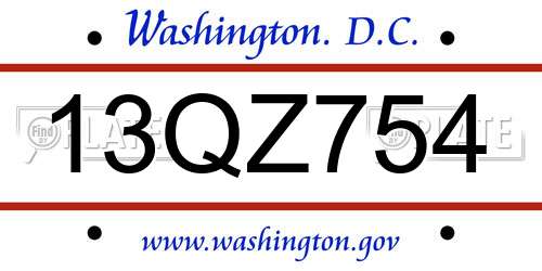 13QZ754 District Of Columbia License Plate