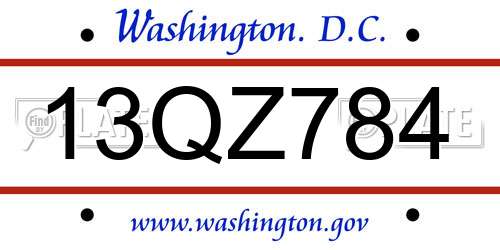 13QZ784 District Of Columbia License Plate