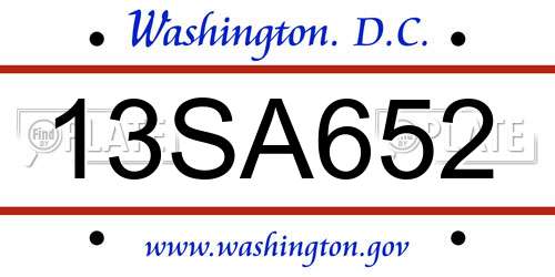 13SA652 District Of Columbia License Plate