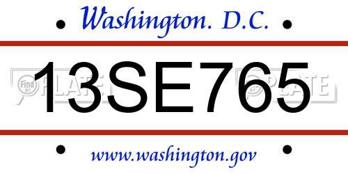 13SE765 District Of Columbia License Plate